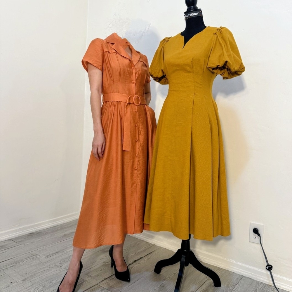 Elegant Mustard Puff Sleeve Dress - Picture 8 of 12